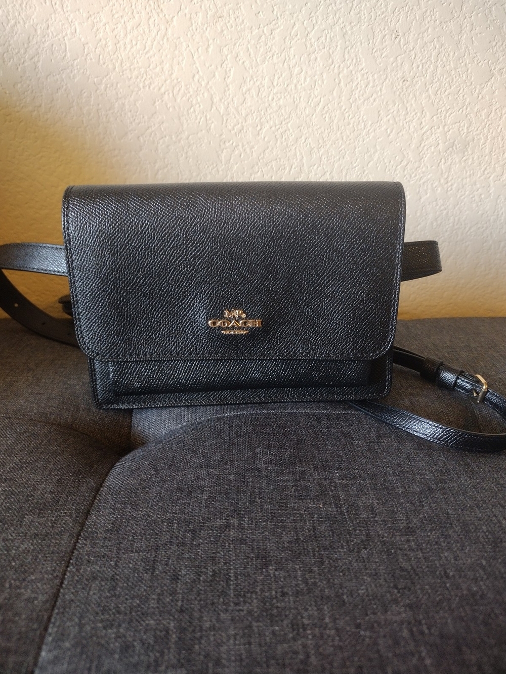 Coach Black Leather Convertible Waist Crossbody Bag with Gold Logo